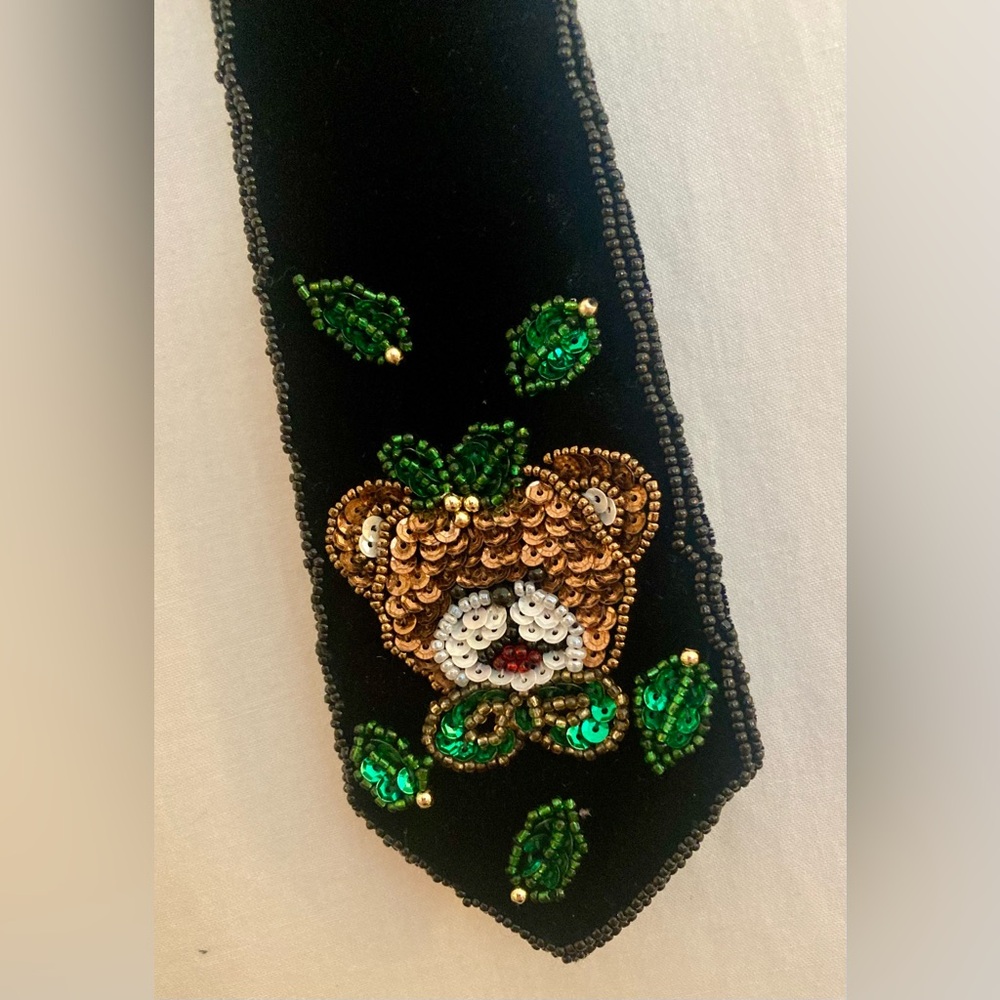 Milor Boys Black Velvet Neck Tie with Holiday Sequin Bear & Holly Detail